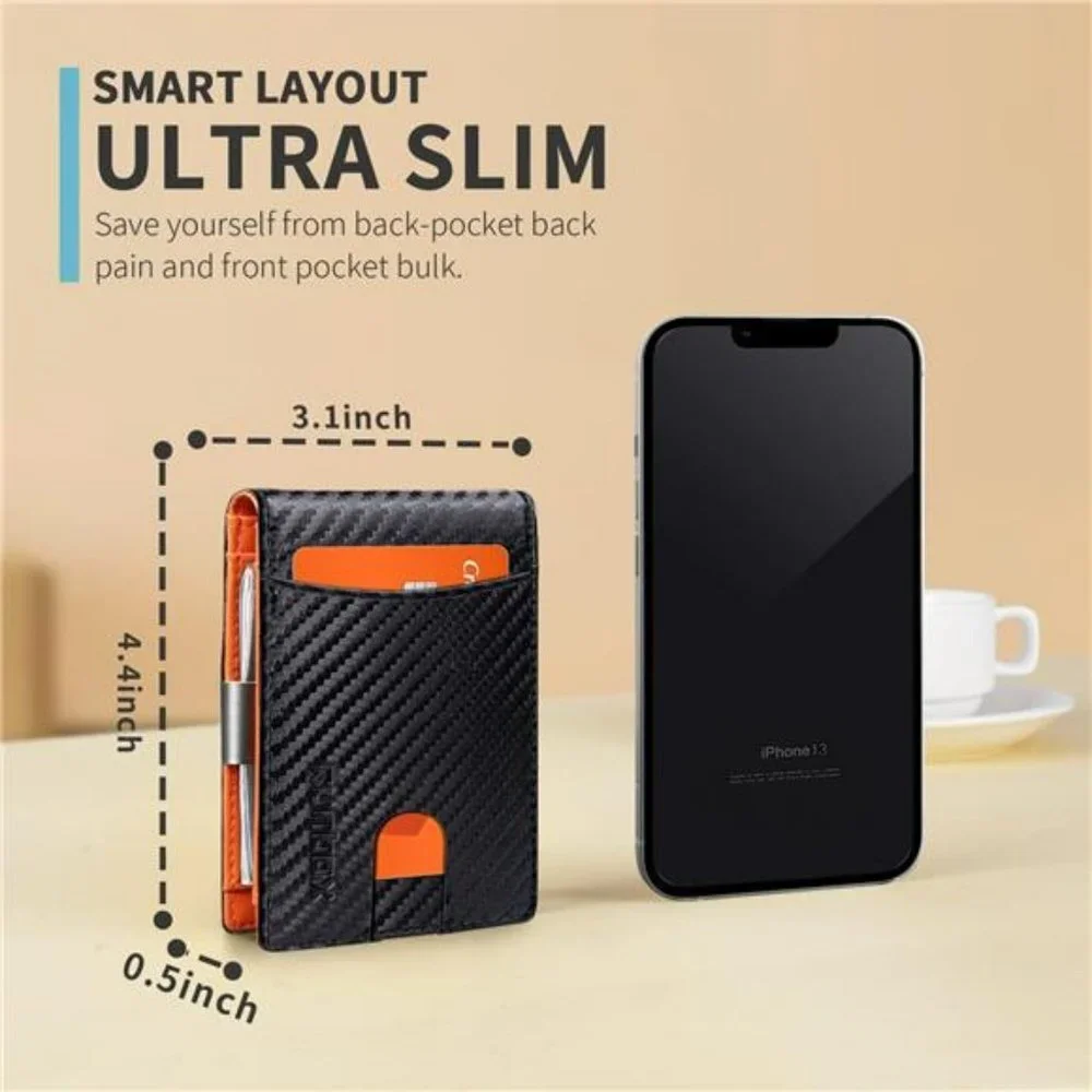 Slim Money Clip RFID Blocking Men Wallet Minimalist Leather Bifold, Black Orange
